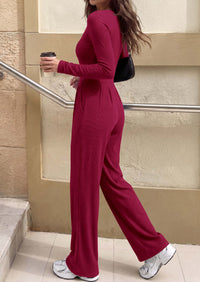 PRETTYGARDEN Womens Fall One Piece Long Sleeve Jumpsuit | Stretchy Ribbed Knit, Fashion Deep V Neck, Wide Leg Romper with Pockets, Work Business Casual Outfits, Trendy Winter Clothes