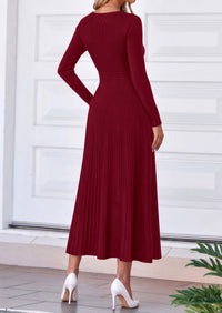 PRETTYGARDEN Women's Fall V Neck Pleated Midi Sweater Dress  Stretchy Ribbed Knit,Long Sleeve,A Line Flowy Skirt,Elegant Long Dresses for Wedding Guest,Work Office,Winter Party Outfits