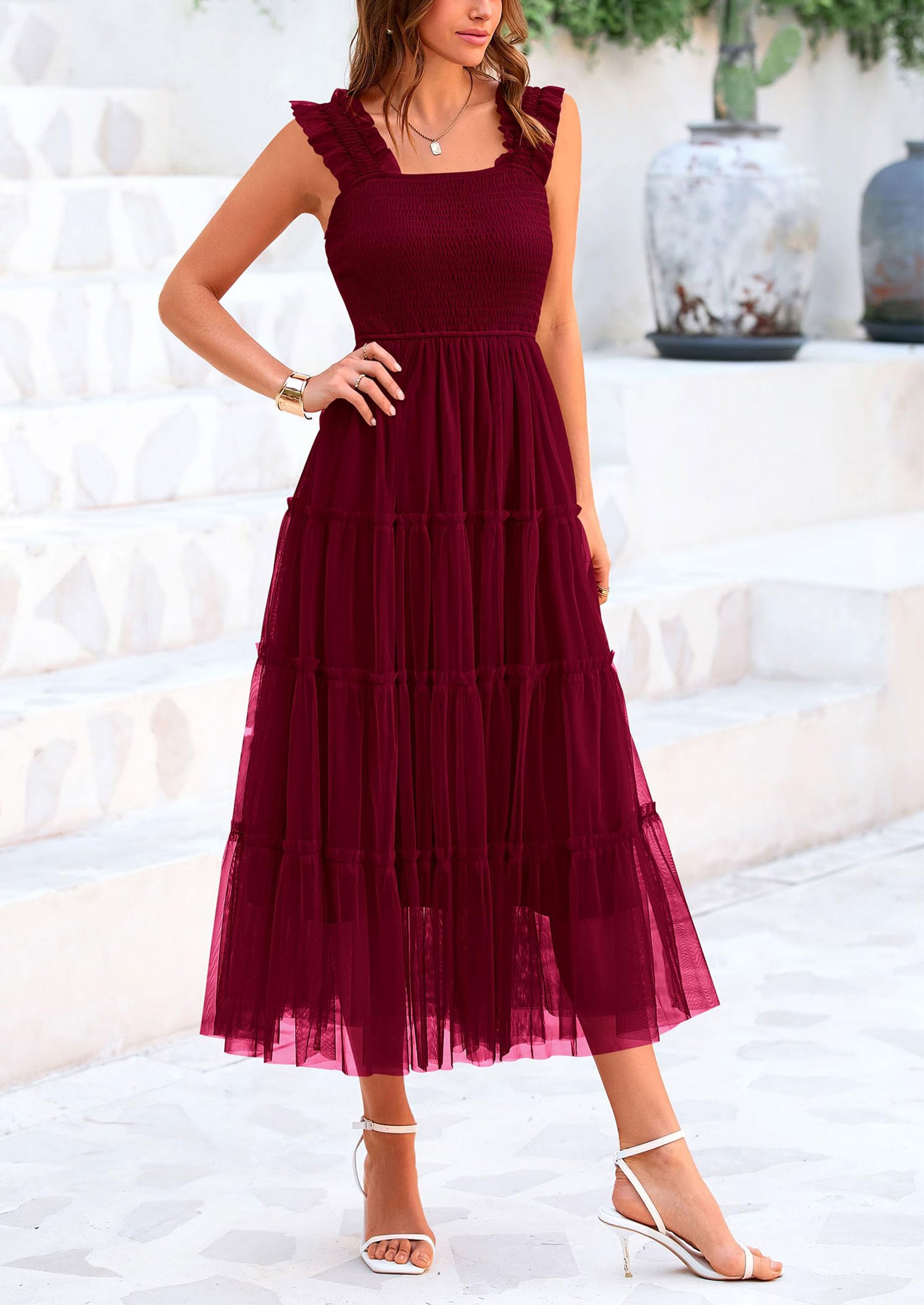 PRETTYGARDEN Women's Tulle Midi Dress Sleeveless Smocked Ruffle Mesh Flowy Dresses Party Wedding Guest Sundress