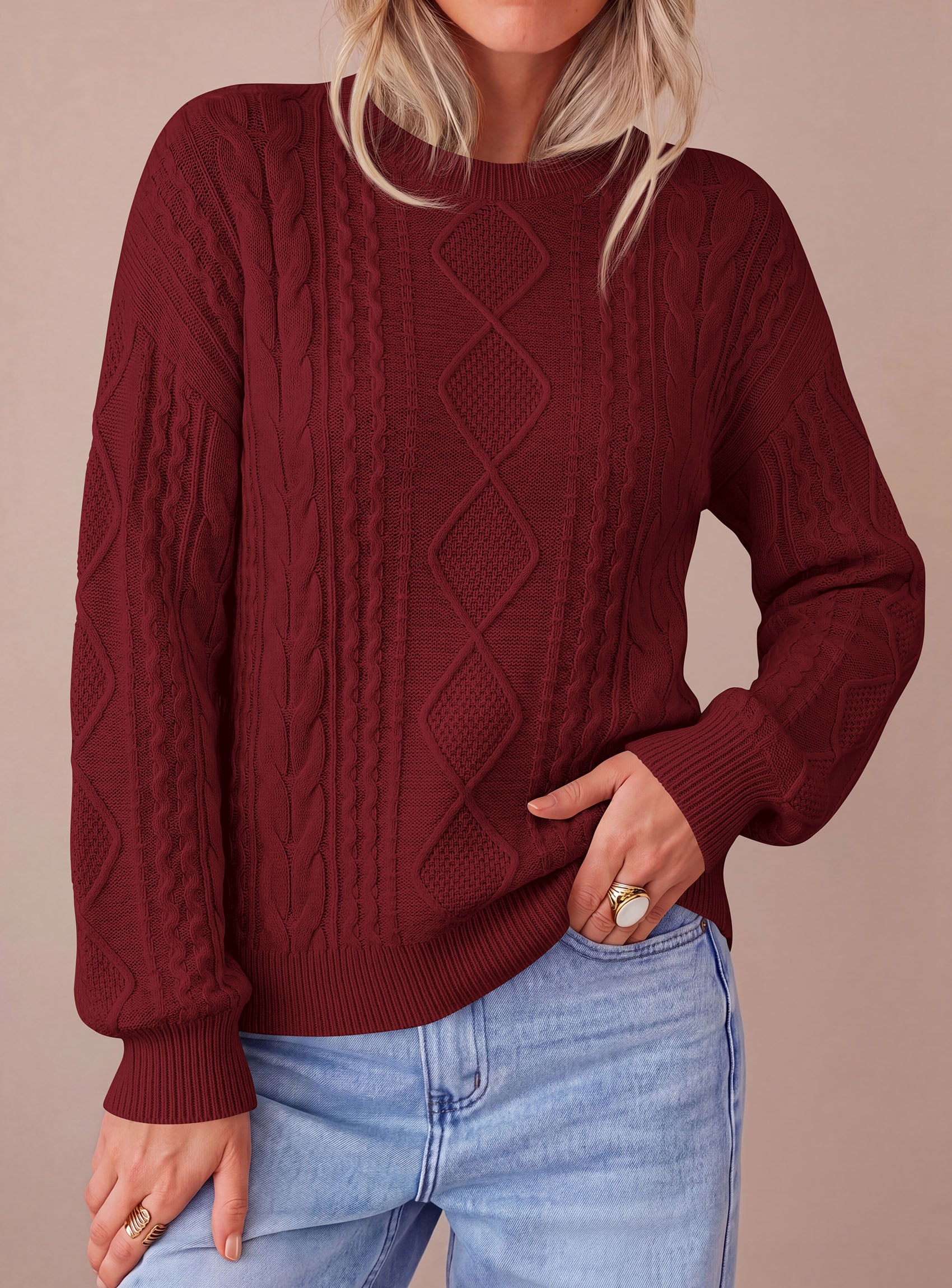 PRETTYGARDEN Womens Cable Knit Sweater Crewneck Pullover | Soft Ribbed Cuffs,Relaxed Fit Long Sleeve Sweaters,Chunky Diamond,Warm Layering,Comfy Daily Wear,Fall Winter Going out Top