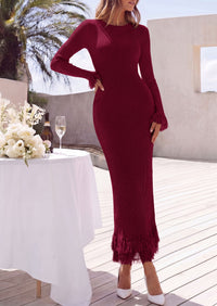 PRETTYGARDEN Womens Long Sleeve Bodycon Sweater Dress  Stretchy Ribbed Knit,Fringe Trim Cuffs & Hem,Slim Fit Crewneck,Date Night Outfits,Fall Winter Wedding Guest Cocktail Dresses