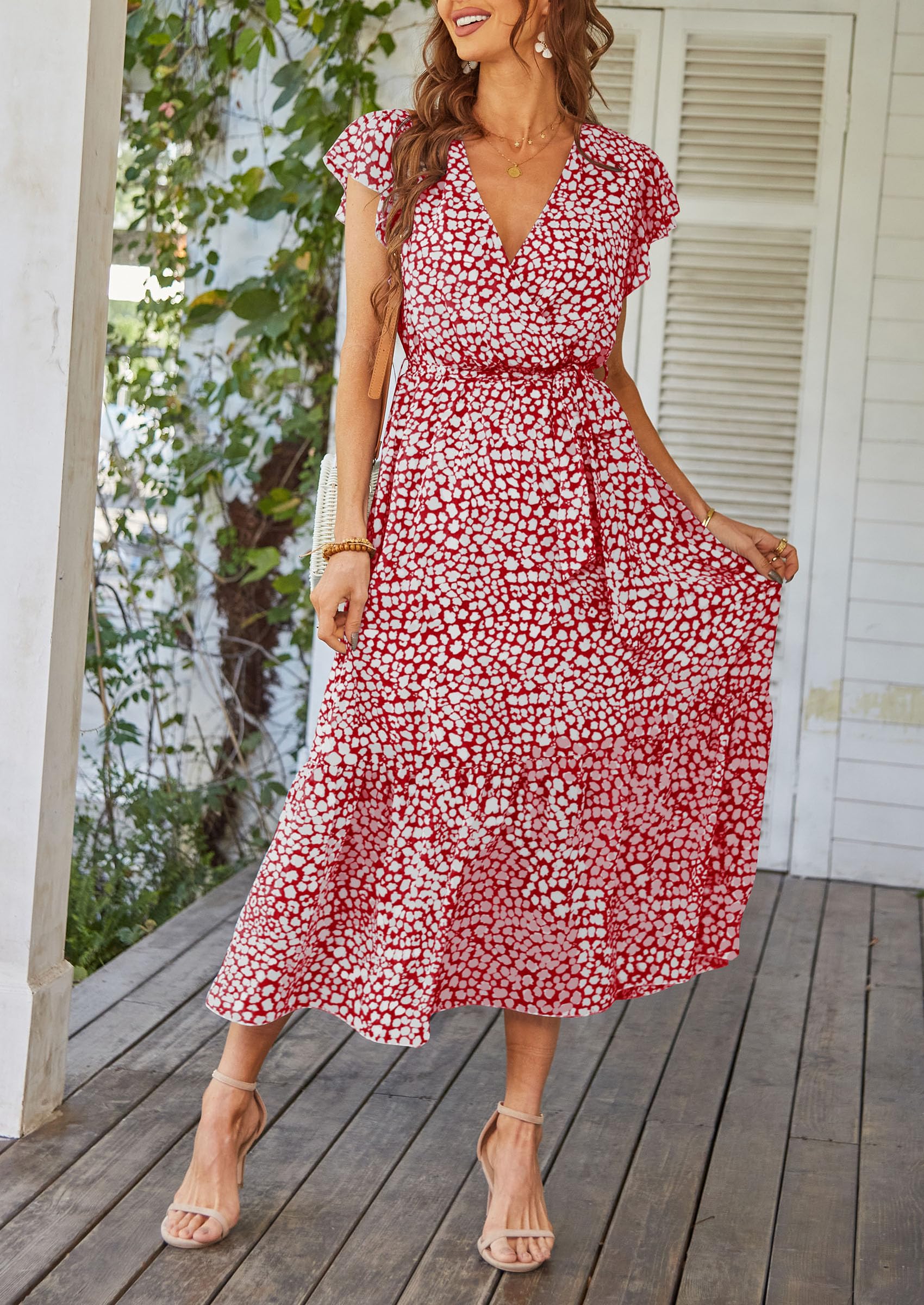 PRETTYGARDEN Women's Summer Floral Boho Maxi Dress Wrap Short Sleeve V Neck Ruffle A-Line Flowy Wedding Guest Long Dresses