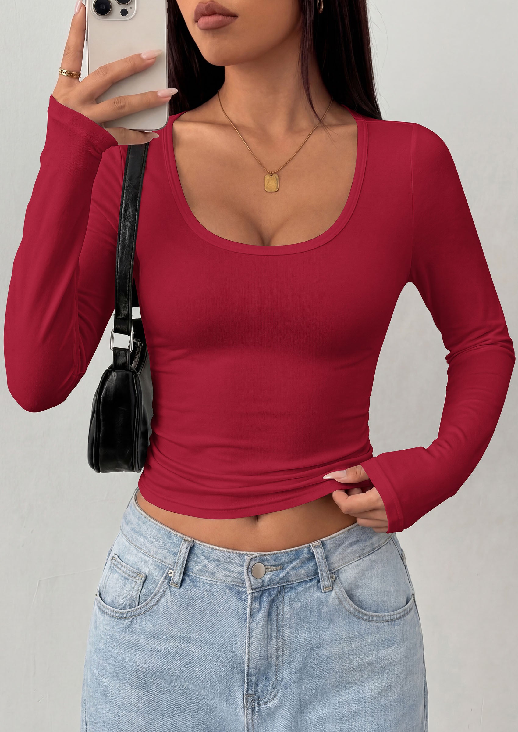 PRETTYGARDEN Womens Long Sleeve Tops 2026 Casual Scoop Neck Basic Tees Slim Fitted Tshirts Layer Knit Fall Outfits