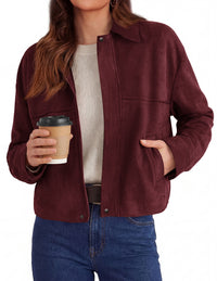 PRETTYGARDEN Women's Faux Suede Cropped Fall Jackets | Soft Zip Up Coats,Classic Lapel Collar,Button Down Shacket,Oversized Casual Outerwear,Trendy Winter Clothes with Pockets