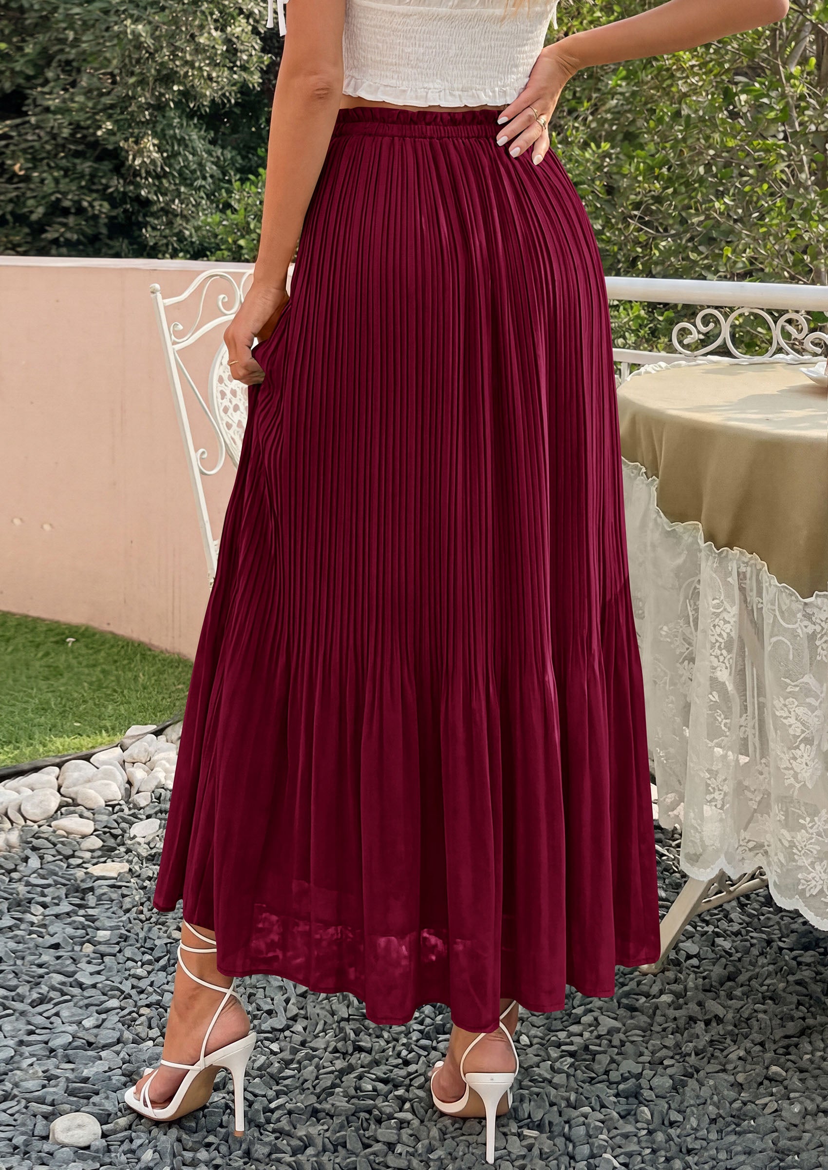 PRETTYGARDEN Pleated Long Skirts for Women Summer Vacation Outfits 2026 Spring Elastic Waisted Flowy Chiffon A-Line Midi Skirt PRETTYGARDEN