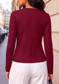 PRETTYGARDEN Womens Ruched Tops Casual Long Sleeve Shirt  Soft Stretchy Knit, Round Neck Slim Fitted Shape, Pleated Asymmetrical Hem, Office Work Daily Wear, Trendy Fall Outfits