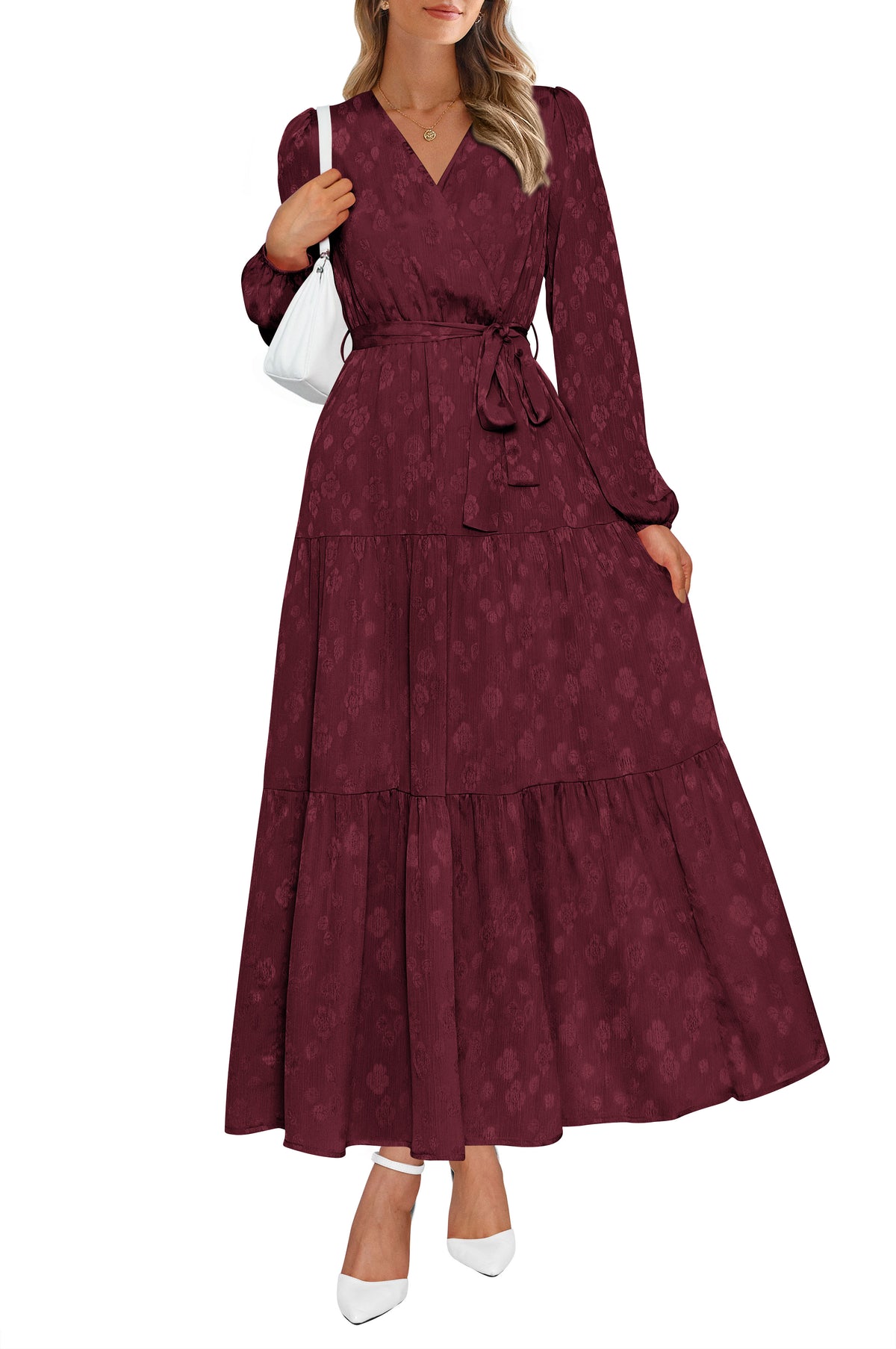 PRETTYGARDEN Womens Long Sleeve Boho Floral Wrap Maxi Dress  Fall Wedding Guest Dresses 2026, Chiffon Flowy Long Dresses, Casual Tie Waist V Neck Dress, Modest A Line Ruffle Tiered Dress