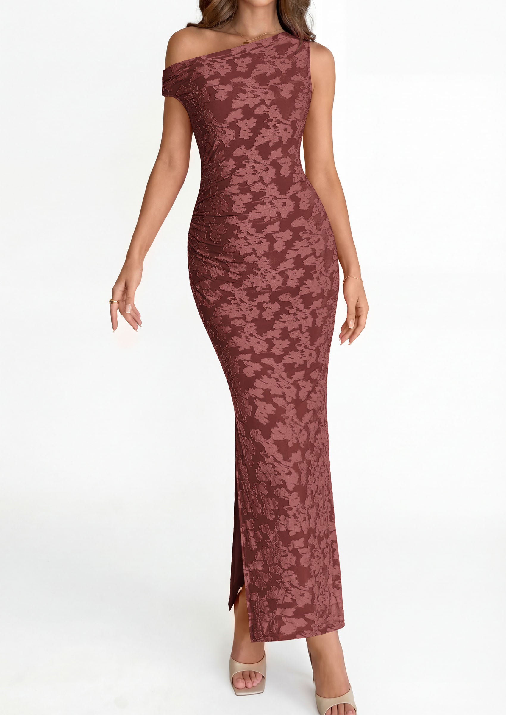 PRETTYGARDEN Womens Floral One Shoulder Maxi Dress 2026 Summer Spring Bodycon Ruched Side Slit Elegant Cocktail Party Dresses PRETTYGARDEN