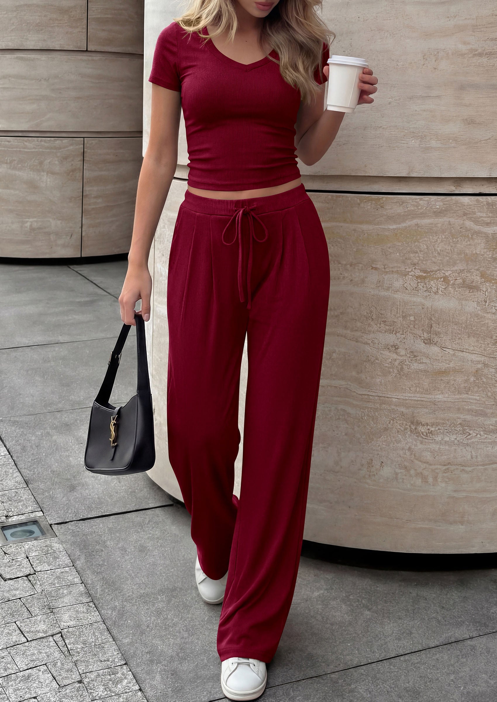 PRETTYGARDEN 2 Piece Sets for Women Summer 2026 Spring Lounge Set Matching V Neck Tops Wide Leg Pants Airport Travel Outfits PRETTYGARDEN