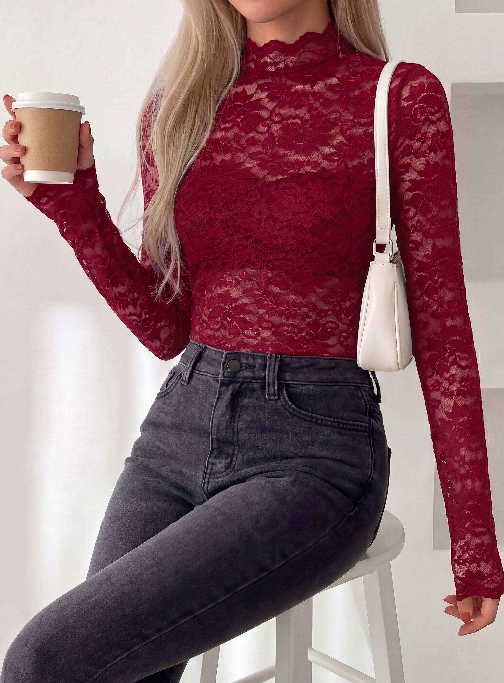 PRETTYGARDEN Womens Lace Long Sleeve Top Mesh Sheer Blouses Mock Neck See Through Slim Fitted Tops 2026 Fall Fashion Clothes