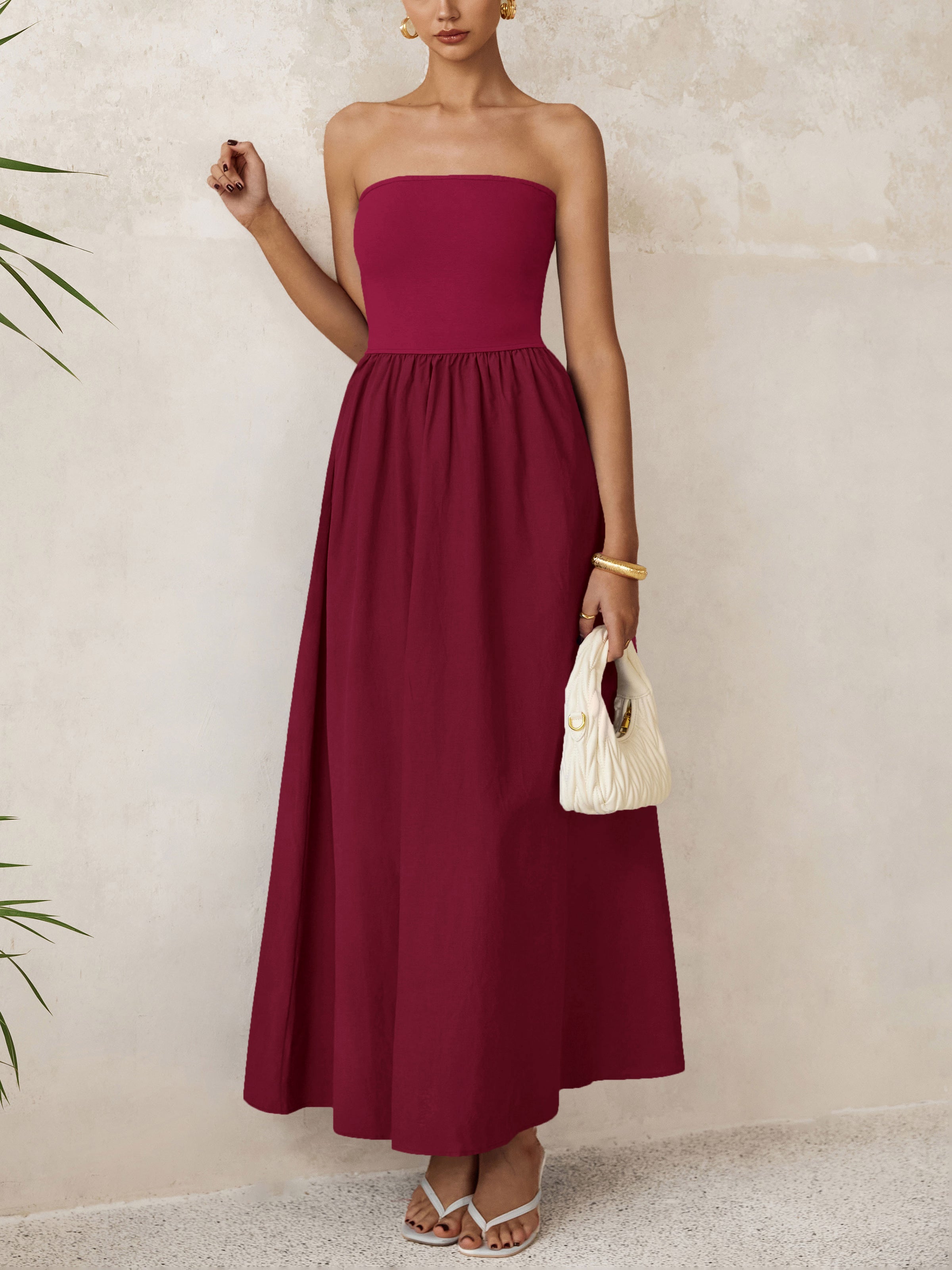 PRETTYGARDEN Women Summer Elegant Strapless Maxi Dress Tube Top Dress A Line Flowy Long Wedding Party Cocktail Dresses