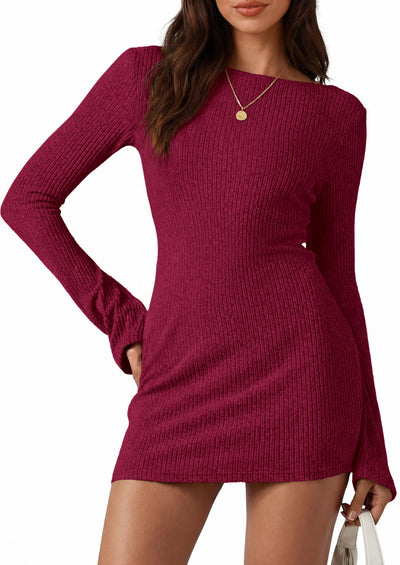 PRETTYGARDEN Womens Fall Bell Long Sleeve Mini Dress 2026 Casual Boat Neck Ribbed Bodycon Short Party Cocktail Dresses