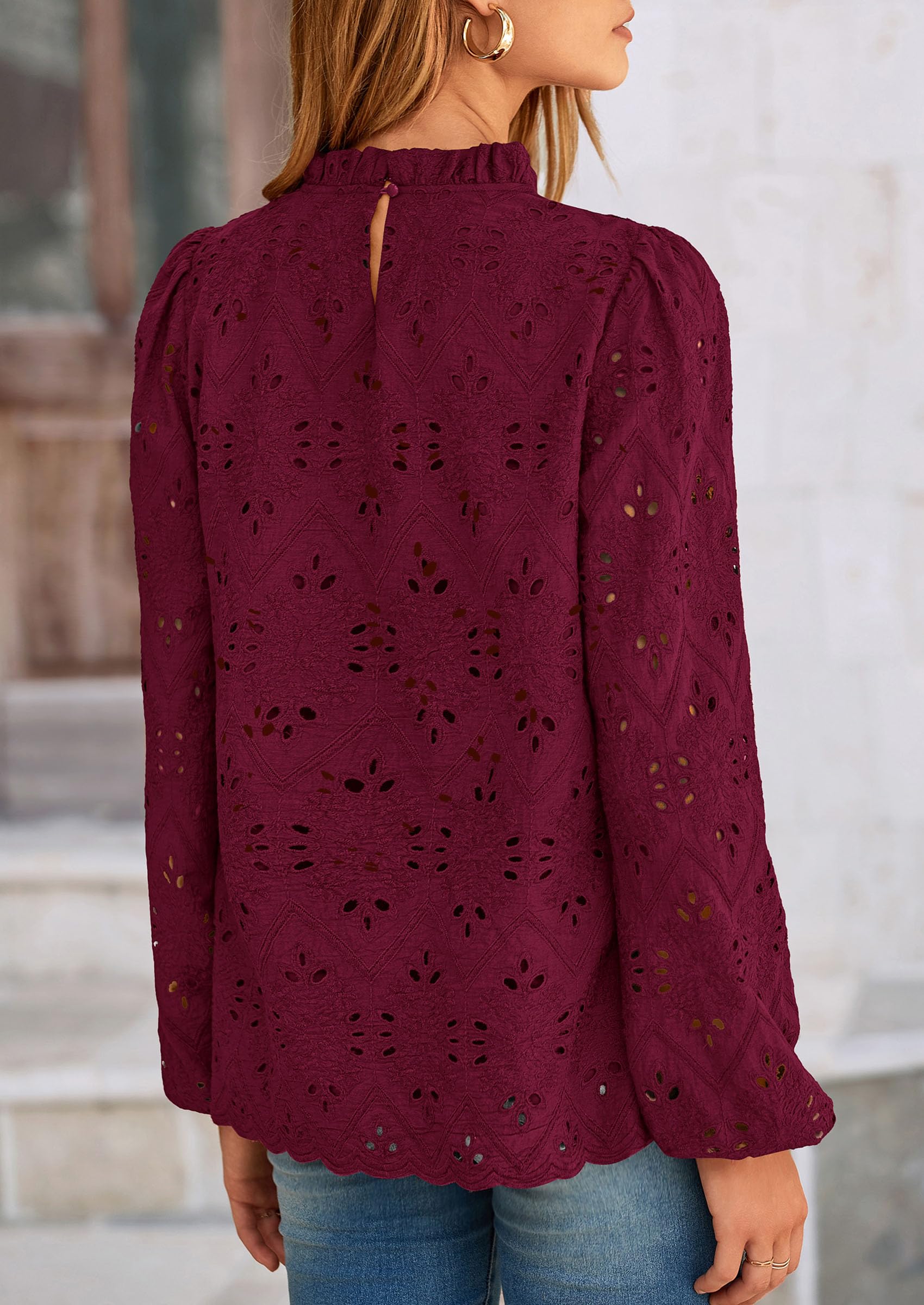 PRETTYGARDEN Womens Tops Dressy Casual Spring Long Sleeve Shirts Embroidered Eyelet Blouses Going Out Outfits