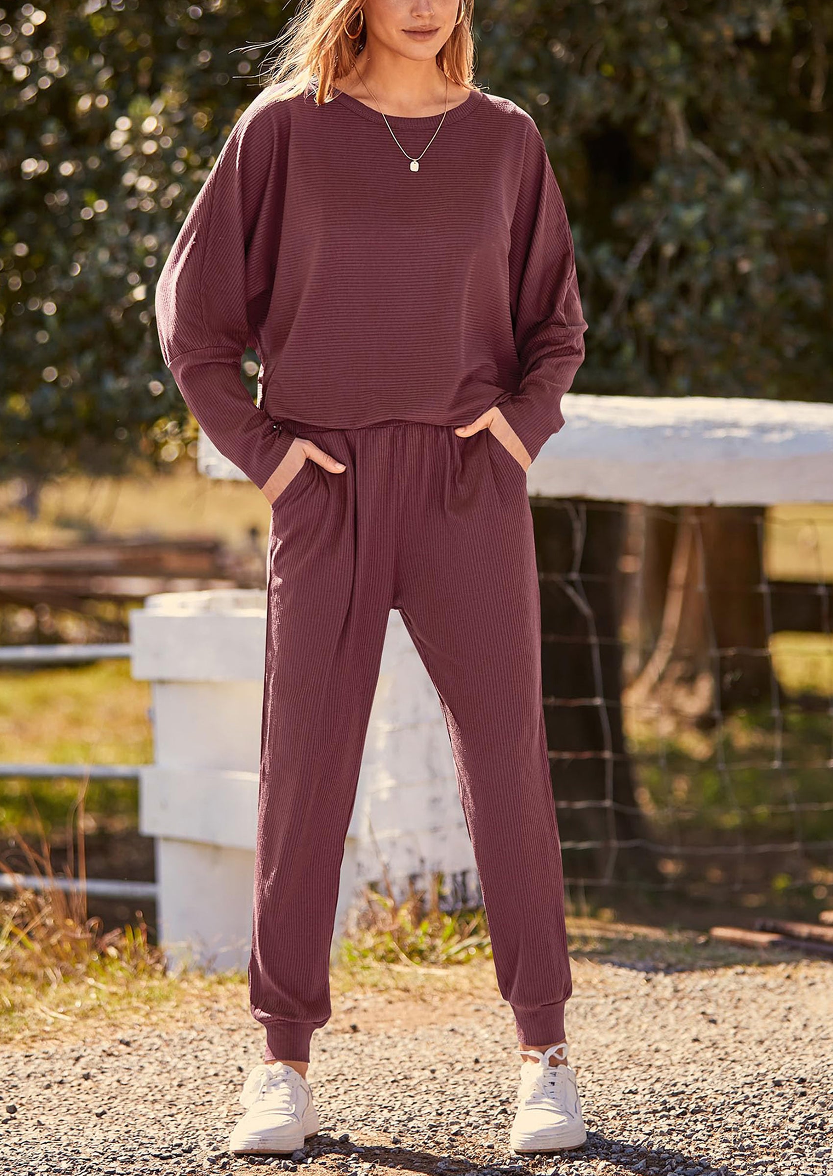 PRETTYGARDEN Women's Fall 2 Piece Lounge Set Long Sleeve Tops Ribbed Pants Spring Matching Sweatsuit Travel Outfits Clothes