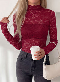 PRETTYGARDEN Womens Lace Long Sleeve Top Mesh Sheer Blouses Mock Neck See Through Slim Fitted Tops 2026 Fall Fashion Clothes