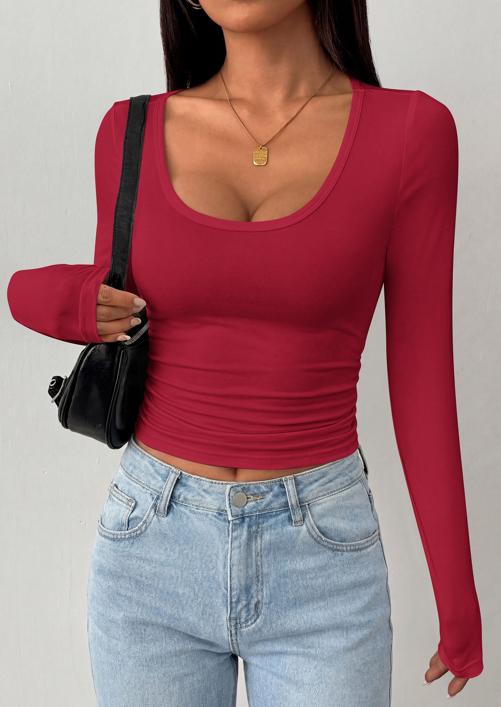 PRETTYGARDEN Womens Long Sleeve Tops 2026 Casual Scoop Neck Basic Tees Slim Fitted Tshirts Layer Knit Fall Outfits