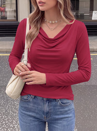 PRETTYGARDEN Cowl Neck Tops for Women Fashion Long Sleeve Shirt  Comfy Ruched Shirts, Soft Lightweight Knit, Chic Cowl Neck Top, Casual Going Out Outfits, Fall Winter Trendy Clothes