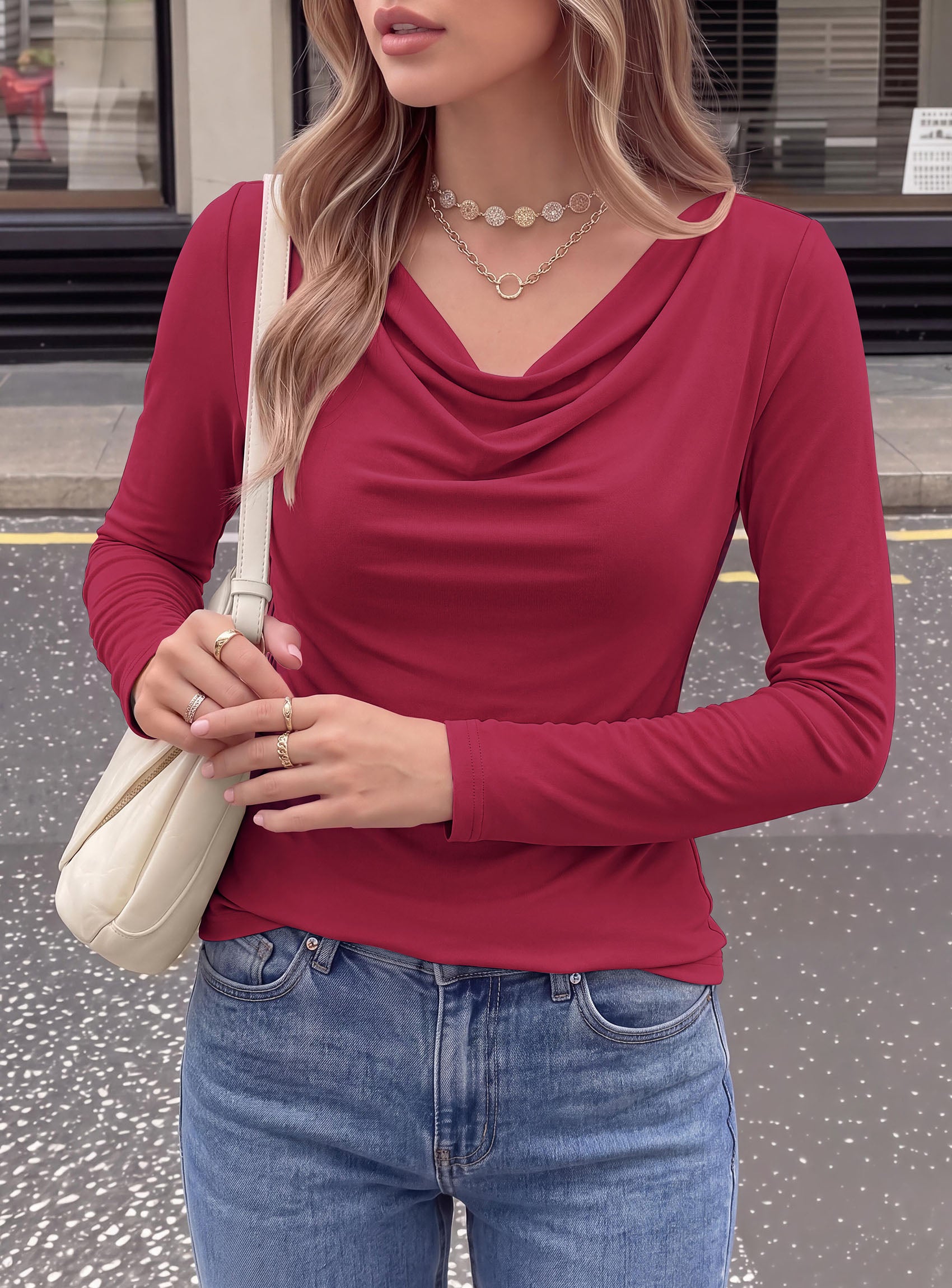 PRETTYGARDEN Cowl Neck Tops for Women Fashion Long Sleeve Shirt  Comfy Ruched Shirts, Soft Lightweight Knit, Chic Cowl Neck Top, Casual Going Out Outfits, Fall Winter Trendy Clothes