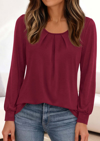 PRETTYGARDEN Womens Long Puff Sleeve Tops Crew Neck Blouse | Pleated Front, Loose Fit Soft, Business Casual Work Shirts, Dressy Daily Wear, School Travel Outfits, Fall Winter Clothing