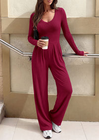PRETTYGARDEN Womens Fall One Piece Long Sleeve Jumpsuit | Stretchy Ribbed Knit, Fashion Deep V Neck, Wide Leg Romper with Pockets, Work Business Casual Outfits, Trendy Winter Clothes