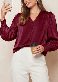PRETTYGARDEN Satin Long Sleeve Womens Blouses Dressy Casual | Glossy Smooth Silk Fabric,Lantern Sleeve Fall Tops,Decorative Button Pullover,V Neck Shirts,Office Work Business Outfits
