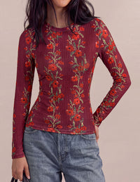 PRETTYGARDEN Womens Long Sleeve Shirts Floral Y2K Tops | Soft Lightweight Ribbed Knit Top,Fitted Waist,Crew Neck Slim Fit,Going Out Vacation Outfits,Layering Fall Winter Clothes