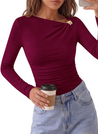 PRETTYGARDEN Long Sleeve Shirts for Women 2026 Ruched Knit Asymmetrical Tight Fitted Going Out Tops Y2k Fall Clothes