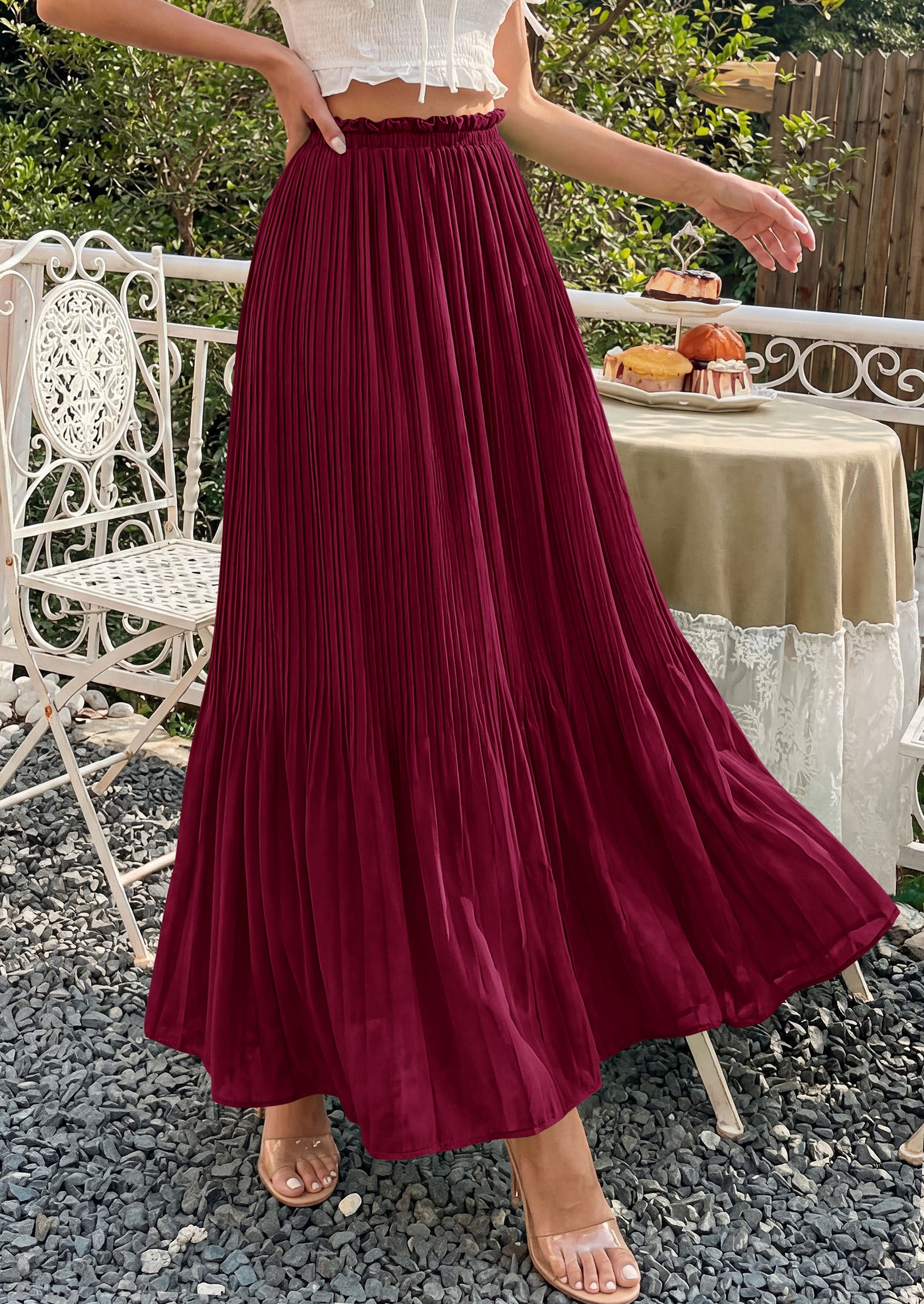 PRETTYGARDEN Pleated Long Skirts for Women Summer Vacation Outfits 2026 Spring Elastic Waisted Flowy Chiffon A-Line Midi Skirt PRETTYGARDEN