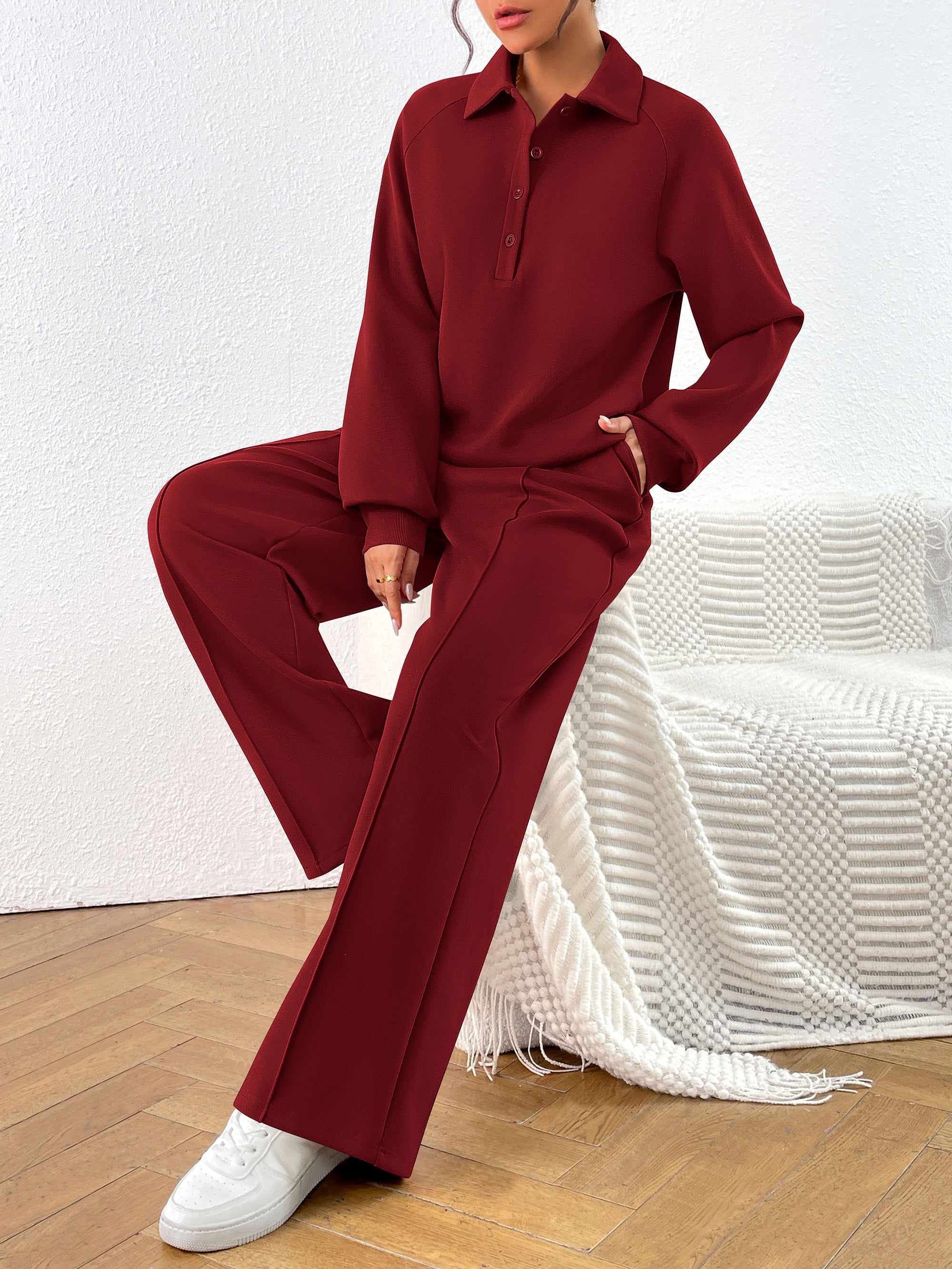 PRETTYGARDEN Women Fall 2 Piece Outfits Sweatsuits Quarter Button Long Sleeve Sweatshirt Wide Leg Pants Tracksuit Lounge Sets