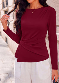 PRETTYGARDEN Womens Ruched Tops Casual Long Sleeve Shirt  Soft Stretchy Knit, Round Neck Slim Fitted Shape, Pleated Asymmetrical Hem, Office Work Daily Wear, Trendy Fall Outfits