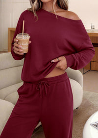 PRETTYGARDEN Womens 2 Piece Casual Matching Lounge Sets  Fashion Off the Shoulder Sweatshirt, Wide Leg Pants with Pockets, Comfy Airport Travel Outfit, 2026 Trendy Fall Set