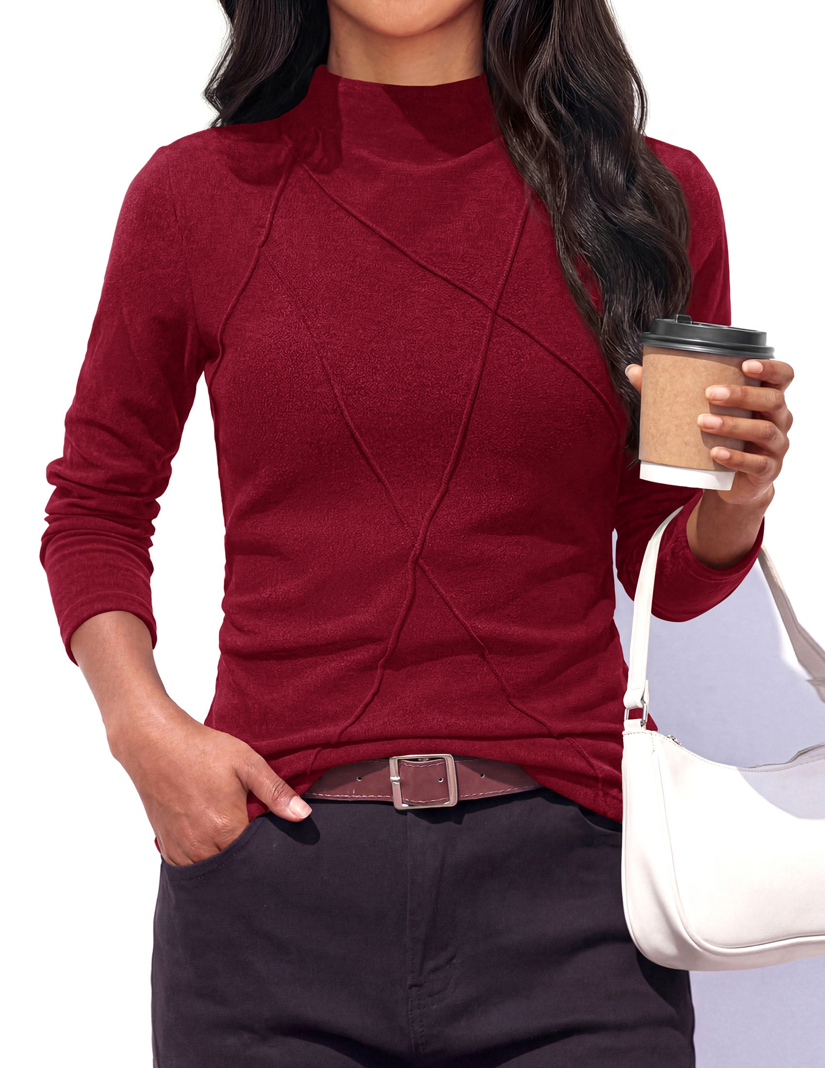 PRETTYGARDEN Women's Fall Mock Neck Long Sleeve Shirts | Soft Stretchy Knit,Geometric Seam Stitching,Slim Fitted Basic Tees,Thermal Casual Wear,Daily Work Layering Winter Tunic Top
