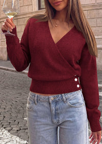 PRETTYGARDEN Women V Neck Wrap Sweater Cropped Tops Fall Winter Fashion 2026, Business Casual Outfits, Stretchy Soft knit, Wide Ribbed Hem with Side Buttons Pullover Sweaters