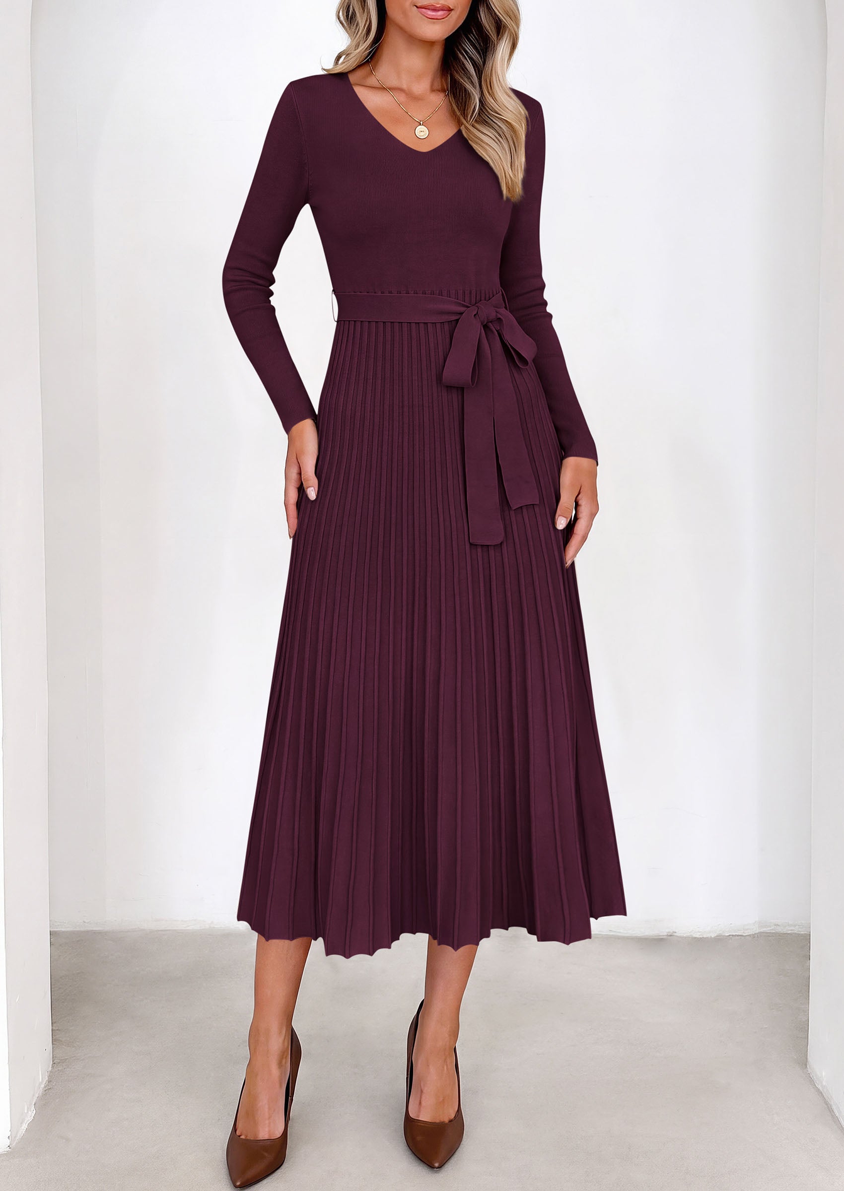PRETTYGARDEN Womens Fall Maxi Long Sleeve Sweater Dress  Soft Stretchy Knit, V Neck A Line Dresses with Bow, Flowy Pleated Hem, Cocktail Party Outfits, Trendy Winter Clothes