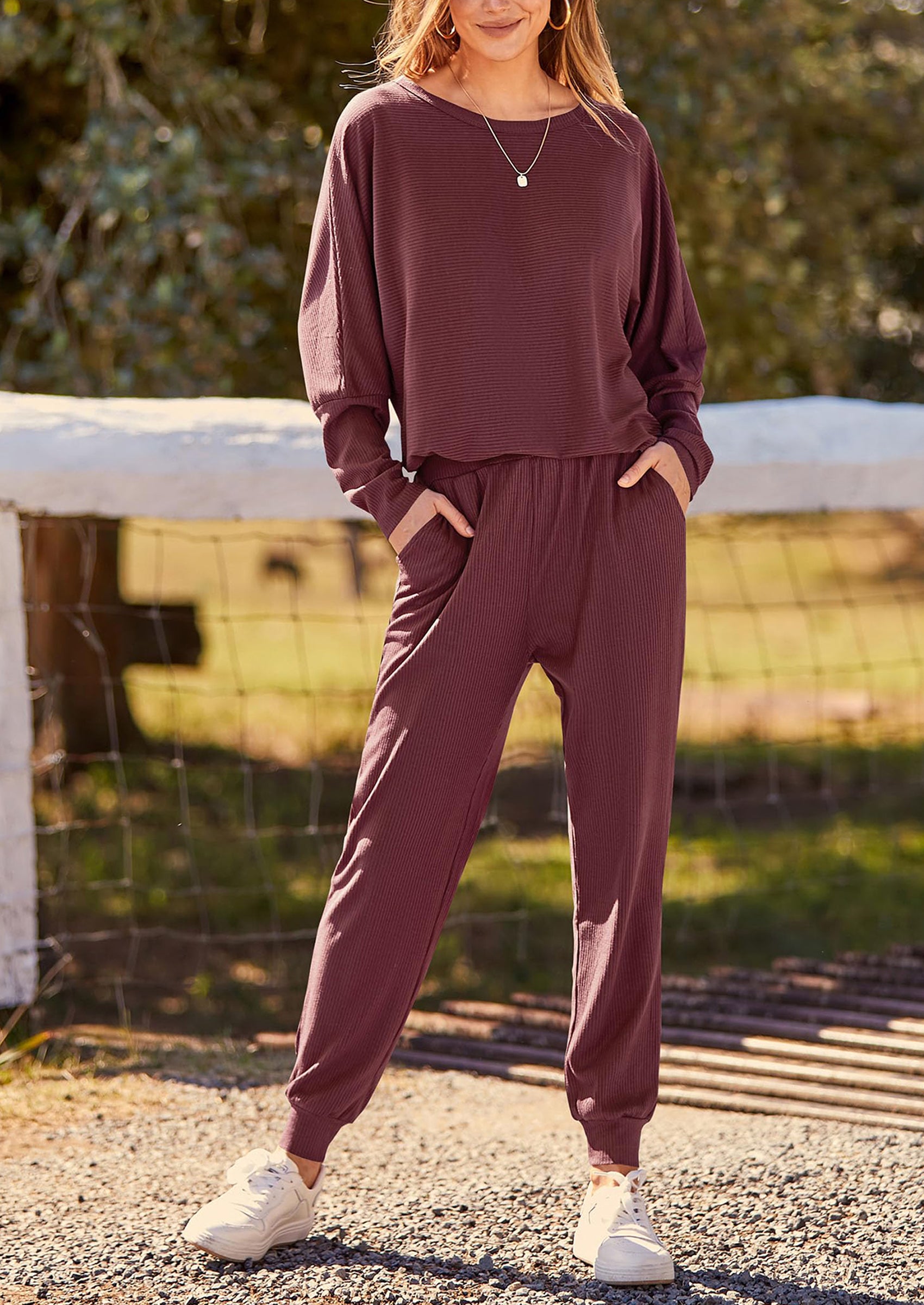 PRETTYGARDEN Women's Fall 2 Piece Lounge Set Long Sleeve Tops Ribbed Pants Spring Matching Sweatsuit Travel Outfits Clothes