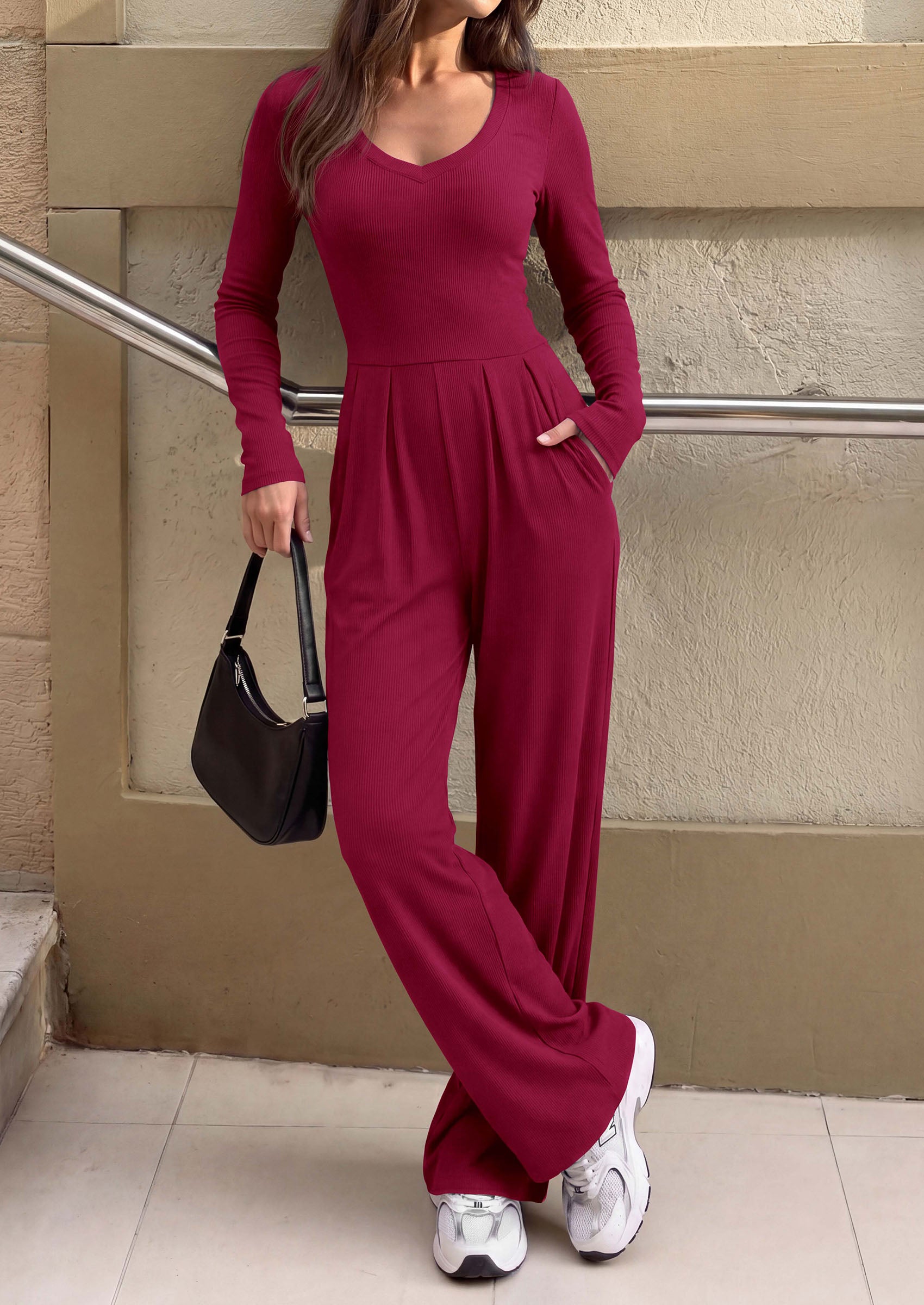 PRETTYGARDEN Womens Fall One Piece Long Sleeve Jumpsuit | Stretchy Ribbed Knit, Fashion Deep V Neck, Wide Leg Romper with Pockets, Work Business Casual Outfits, Trendy Winter Clothes