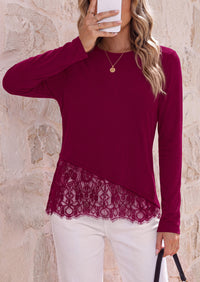 PRETTYGARDEN Women's Lace Patchwork Long Sleeve Shirts | Soft Casual Tops,Irregular Asymmetrical Hem,Crew Neck Thermal Blouses,Loose Fit Layer Tee,Fashion Fall Winter Daily Wear