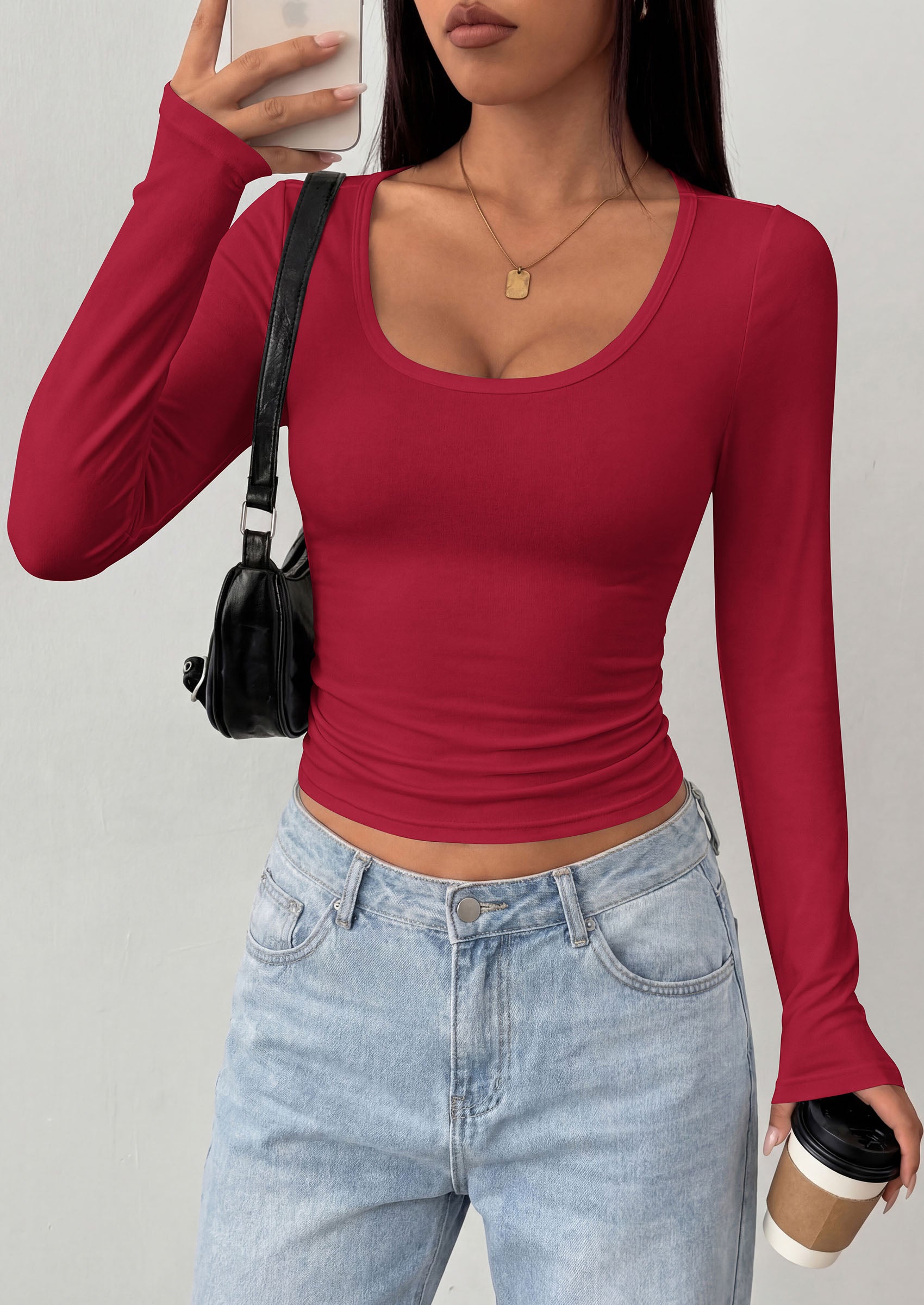 PRETTYGARDEN Womens Long Sleeve Tops 2026 Casual Scoop Neck Basic Tees Slim Fitted Tshirts Layer Knit Fall Outfits