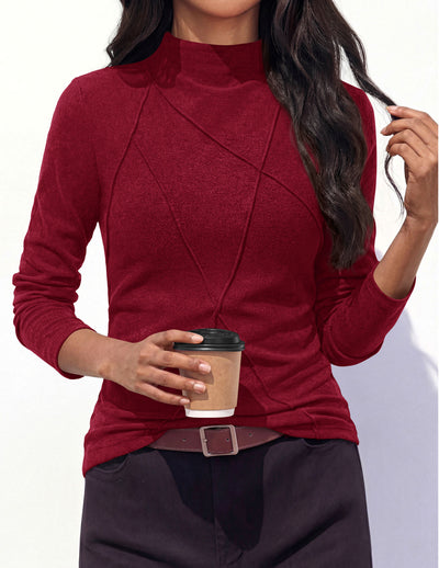 PRETTYGARDEN Women's Fall Mock Neck Long Sleeve Shirts | Soft Stretchy Knit,Geometric Seam Stitching,Slim Fitted Basic Tees,Thermal Casual Wear,Daily Work Layering Winter Tunic Top