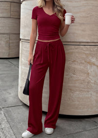 PRETTYGARDEN 2 Piece Sets for Women Summer 2026 Spring Lounge Set Matching V Neck Tops Wide Leg Pants Airport Travel Outfits PRETTYGARDEN