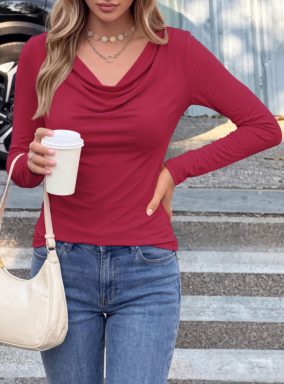 PRETTYGARDEN Cowl Neck Tops for Women Fashion Long Sleeve Shirt  Comfy Ruched Shirts, Soft Lightweight Knit, Chic Cowl Neck Top, Casual Going Out Outfits, Fall Winter Trendy Clothes