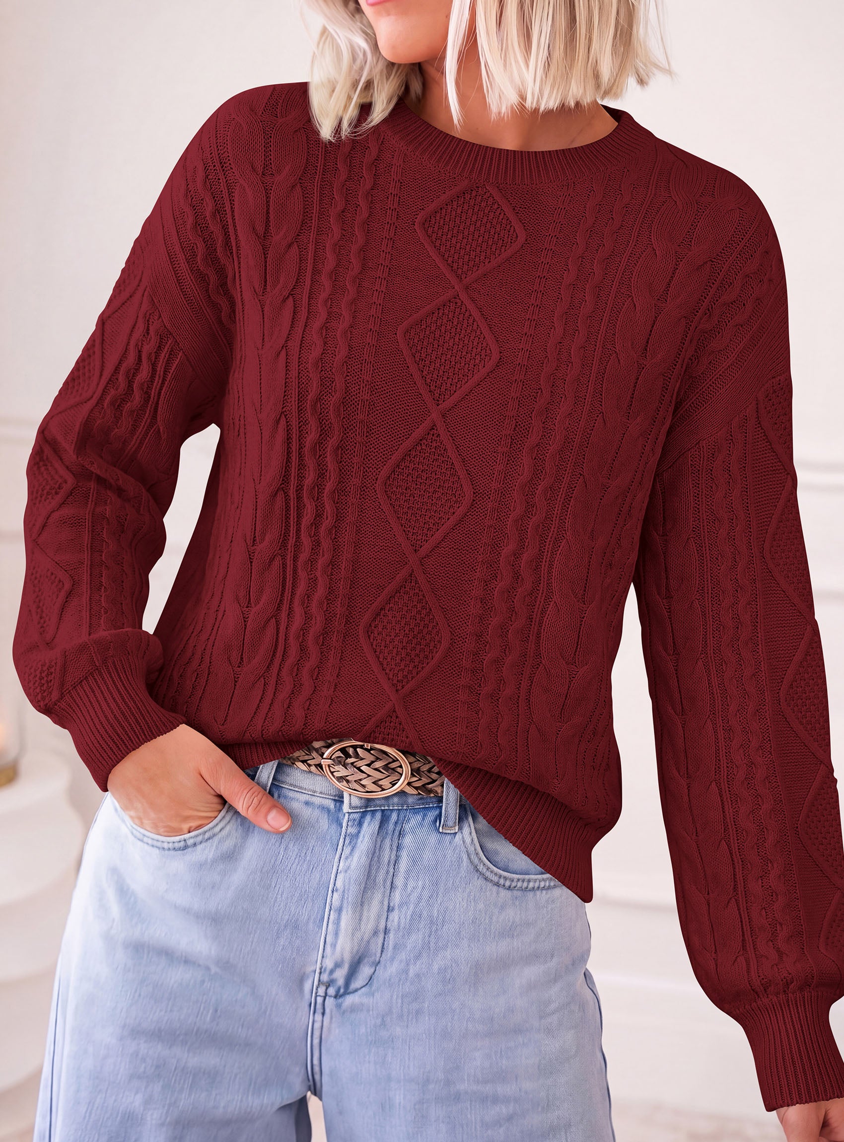 PRETTYGARDEN Womens Cable Knit Sweater Crewneck Pullover | Soft Ribbed Cuffs,Relaxed Fit Long Sleeve Sweaters,Chunky Diamond,Warm Layering,Comfy Daily Wear,Fall Winter Going out Top