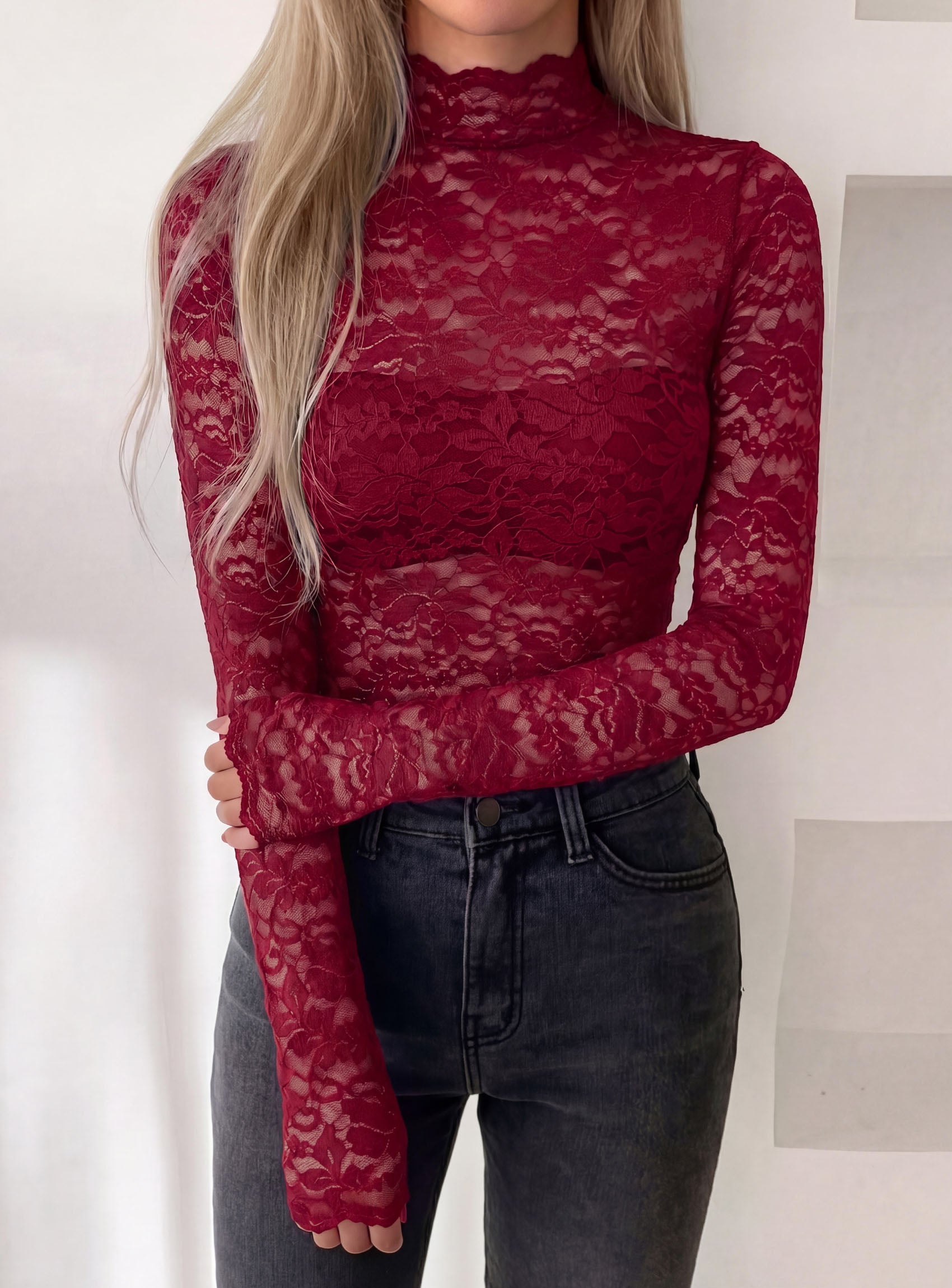 PRETTYGARDEN Womens Lace Long Sleeve Top Mesh Sheer Blouses Mock Neck See Through Slim Fitted Tops 2026 Fall Fashion Clothes