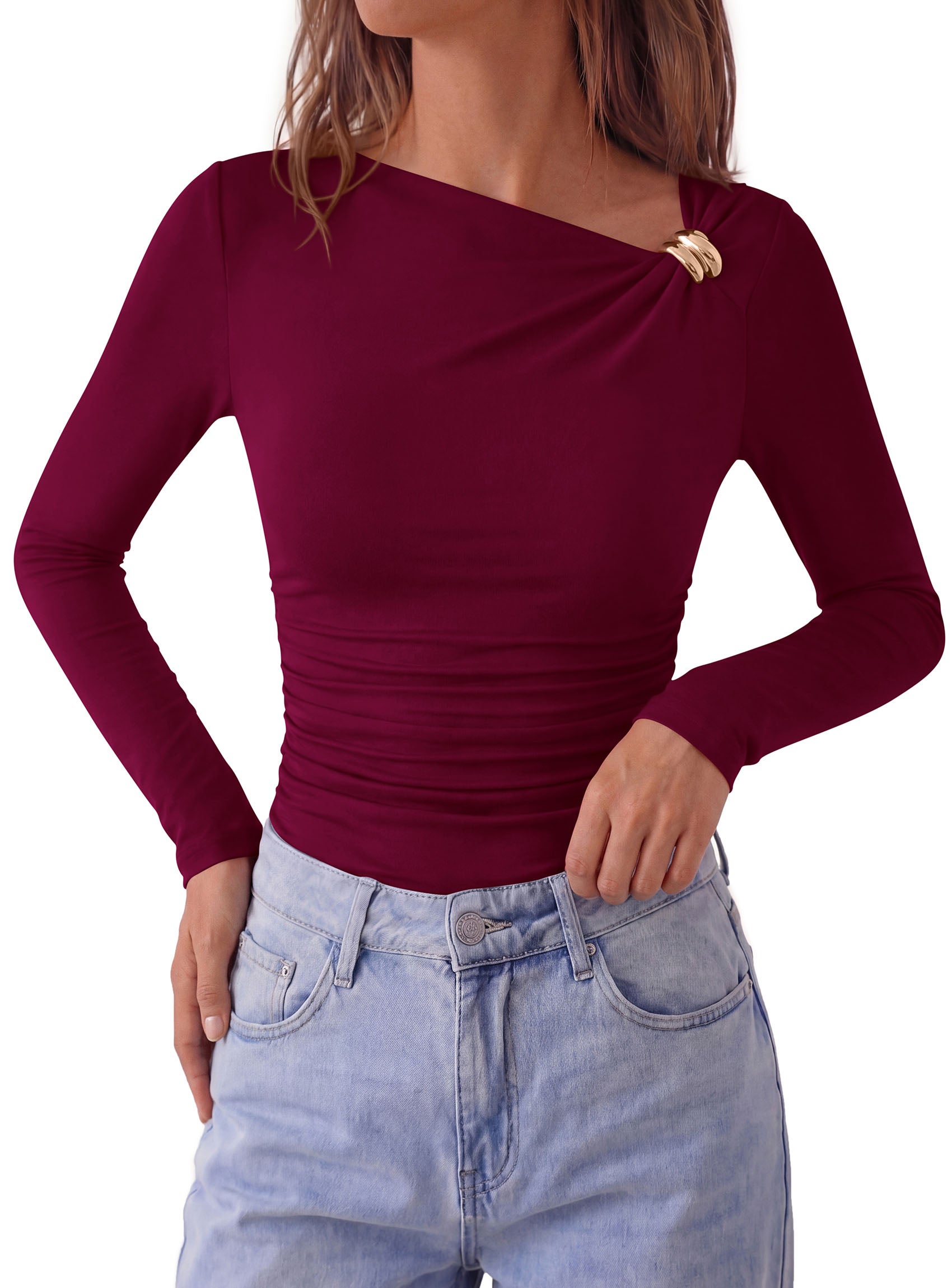 PRETTYGARDEN Long Sleeve Shirts for Women 2026 Ruched Knit Asymmetrical Tight Fitted Going Out Tops Y2k Fall Clothes