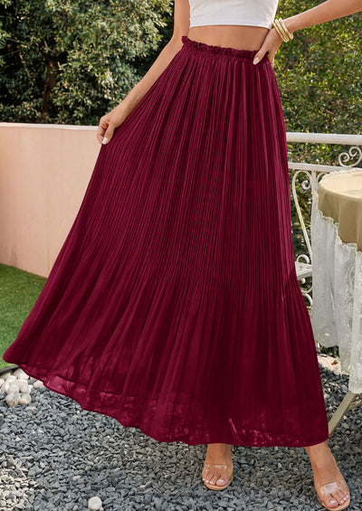 PRETTYGARDEN Pleated Long Skirts for Women Summer Vacation Outfits 2026 Spring Elastic Waisted Flowy Chiffon A-Line Midi Skirt PRETTYGARDEN