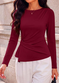 PRETTYGARDEN Womens Ruched Tops Casual Long Sleeve Shirt  Soft Stretchy Knit, Round Neck Slim Fitted Shape, Pleated Asymmetrical Hem, Office Work Daily Wear, Trendy Fall Outfits