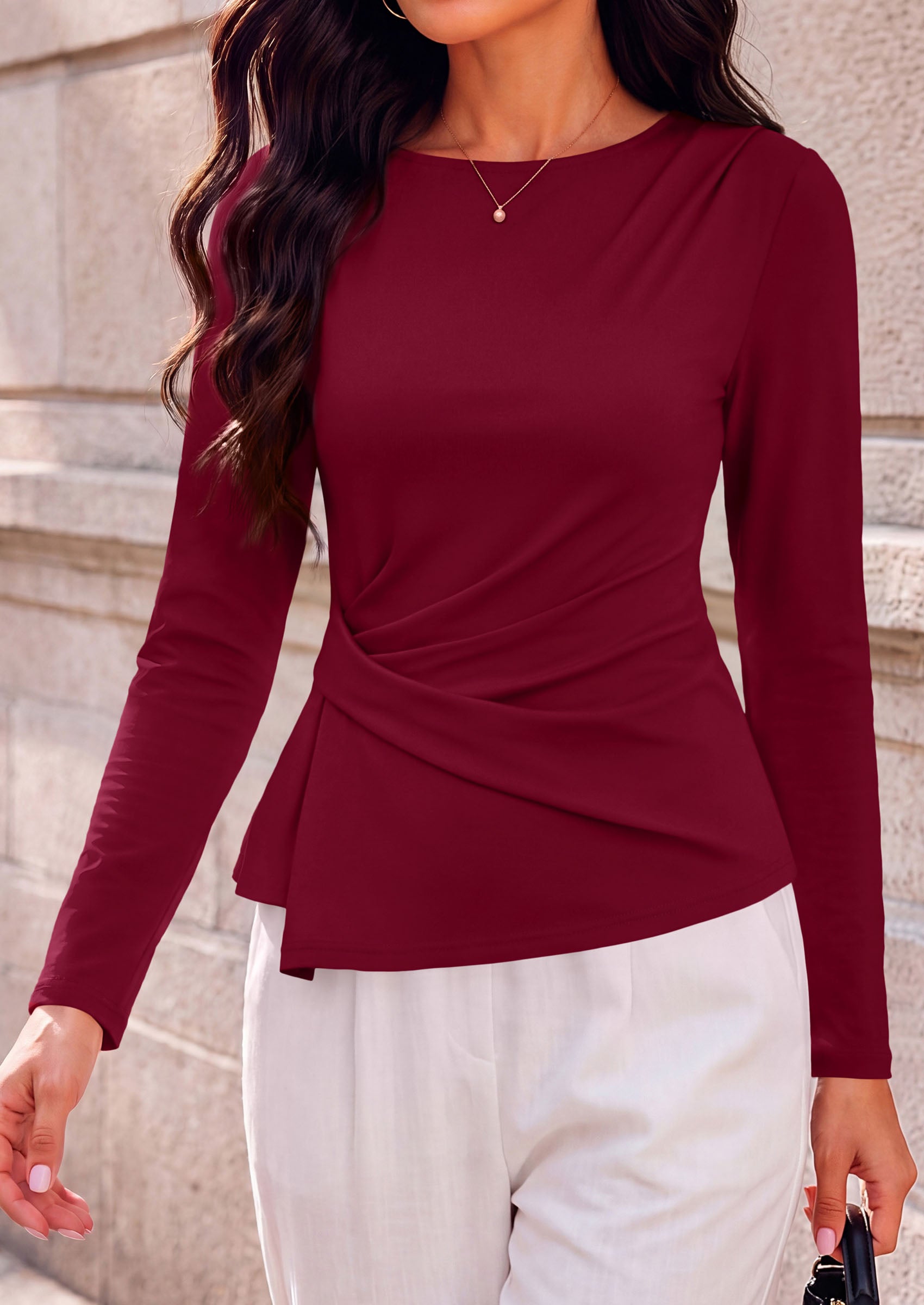 PRETTYGARDEN Womens Ruched Tops Casual Long Sleeve Shirt  Soft Stretchy Knit, Round Neck Slim Fitted Shape, Pleated Asymmetrical Hem, Office Work Daily Wear, Trendy Fall Outfits