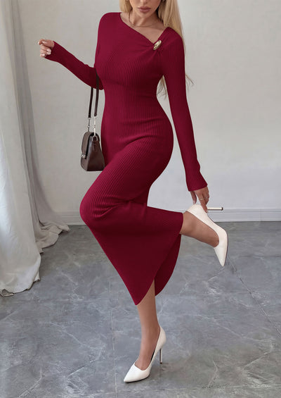 PRETTYGARDEN Womens Fall Long Sleeve Ribbed Sweater Dress | Breathable Knit Fabric, Elegant Bodycon Cut, Fashion Asymmetrical Neck, Night Out Party Dresses, 2026 Trendy Winter Clothes  Price, product page