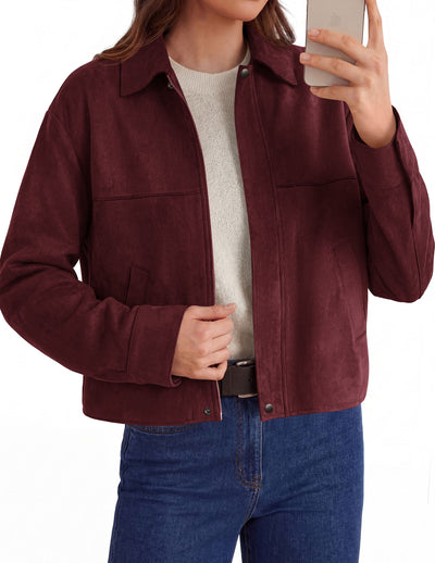PRETTYGARDEN Women's Faux Suede Cropped Fall Jackets | Soft Zip Up Coats,Classic Lapel Collar,Button Down Shacket,Oversized Casual Outerwear,Trendy Winter Clothes with Pockets