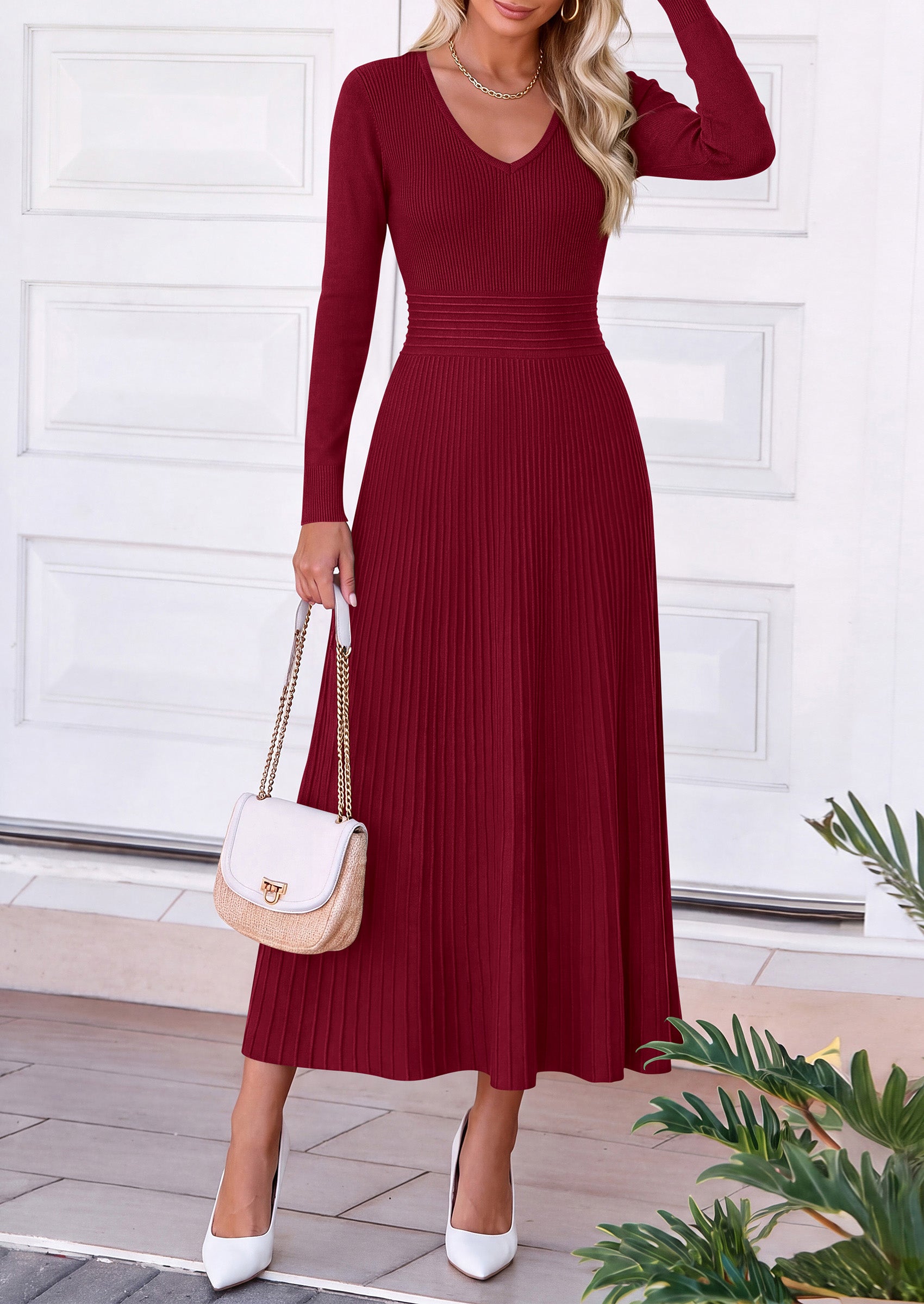 PRETTYGARDEN Women's Fall V Neck Pleated Midi Sweater Dress  Stretchy Ribbed Knit,Long Sleeve,A Line Flowy Skirt,Elegant Long Dresses for Wedding Guest,Work Office,Winter Party Outfits